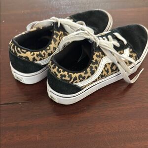 Vans Black and Tan Skateboard Sneakers with Leopard Print
